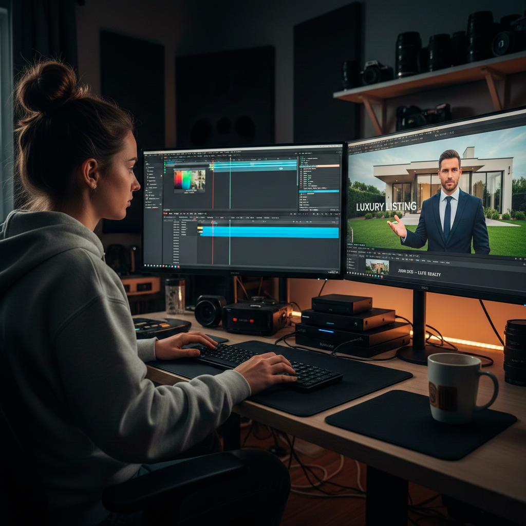 Editora de video trabajando